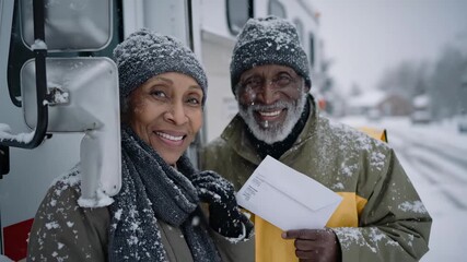 Senior postal workers delivering mail. Elderly couple works winter delivery. Mature mail carriers near truck. Afro-american retirees in postal service outdoors.