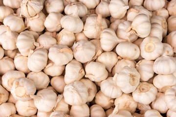 Fresh white garlic cloves displayed at a vibrant Kenyan market stall, highlighting healthy farm-fresh produce and natural cooking ingredients