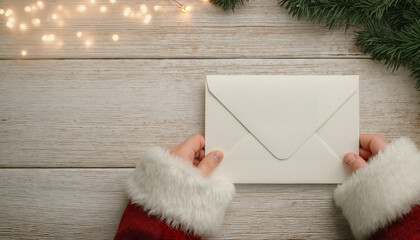 Santa hands holding an envelope on wooden table with Christmas lights