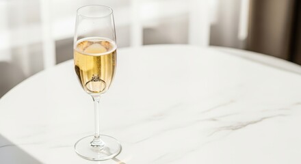 Champagne glass filled with sparkling wine on a marble table