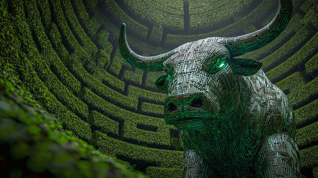 A majestic bull statue with glowing eyes stands before a verdant maze. The labyrinthine design and stone structure create an atmosphere of mystery