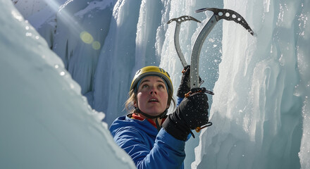 A female ice climber wearing a helmet and blue jacket holds two ice axes while looking up at a sunlit frozen waterfall.