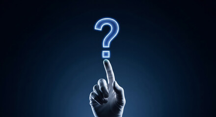 Glowing question mark touched by finger against a dark blue background, representing uncertainty, doubt, or inquiry in a technological context