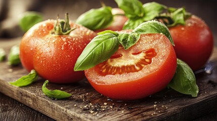 Fresh red tomatoes and basil leaves resting on wooden surface