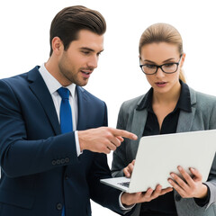 Business professionals collaborating on a laptop isolated on transparent background