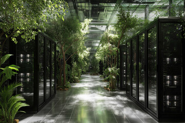 A data center with racks of energy-efficient servers, surrounded by indoor trees and plants, creating a serene and sustainable environment that reflects the future of green technol