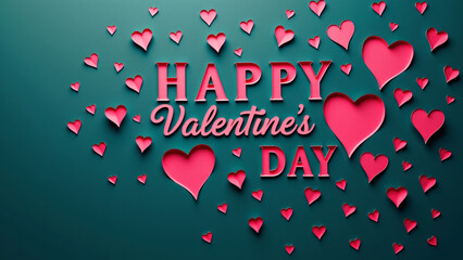 Teal backdrop with layered hearts—bold Valentine’s text and vibrant colors evoke playful romantic celebration.
