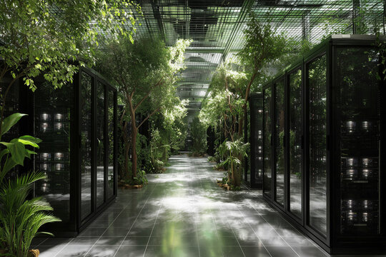 A data center with racks of energy-efficient servers, surrounded by indoor trees and plants, creating a serene and sustainable environment that reflects the future of green technol