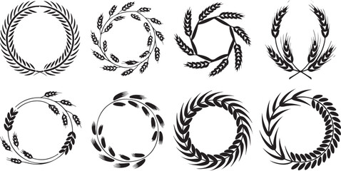 Eight black silhouette circular wreaths and frames made of wheat stalks and leaves Keywords: wreath, frame, circle, wheat, grain, laurel, leaves, border, design element, silhouette, black and © KDP Coloring Pages