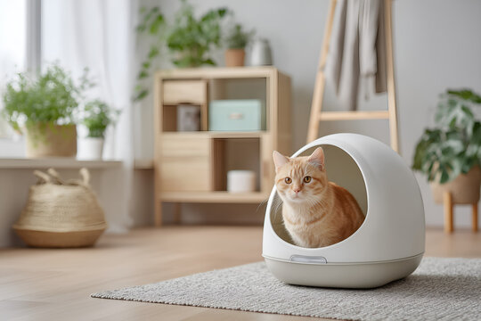 Elegant ginger cat relaxing in a stylish pet pod, bringing warmth and modern design to a bright, serene living space with plants and natural light
