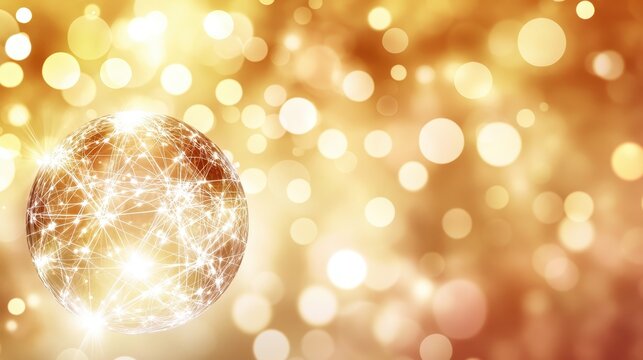 Glowing network globe with bright bokeh effect on gold background
