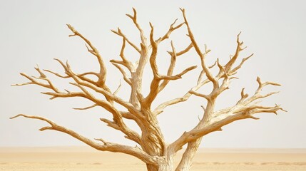 Gnarled skeletal tree branches reaching out in a dry arid desert landscape