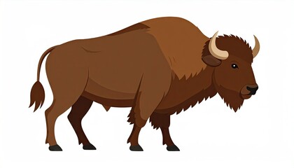 Illustration of a Brown American Bison with Horns on a White Background