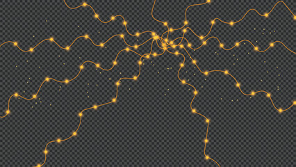 Golden string lights, festive glow, interconnected, transparent.