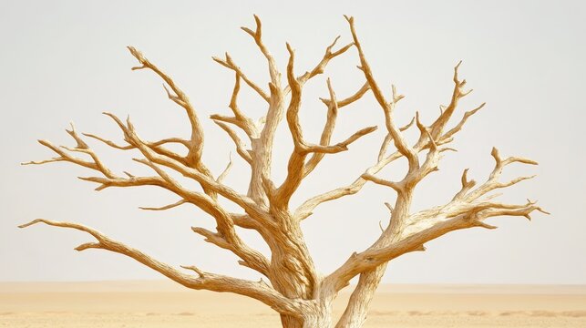 Gnarled skeletal tree branches reaching out in a dry arid desert landscape
