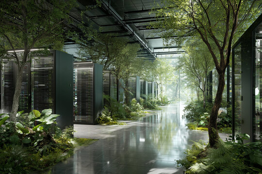 A data center with racks of energy-efficient servers, surrounded by indoor trees and plants, creating a serene and sustainable environment that reflects the future of green technol - Powered by Adobe