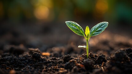 High quality image of young green sprout growing in soil illuminated by sunlight outdoors.
