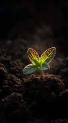 High quality image of closeup of a small green plant growing in dark soil, illuminated.