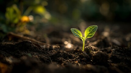 High quality image of closeup of a small green sprout growing in the soil, illuminated by sunlight.