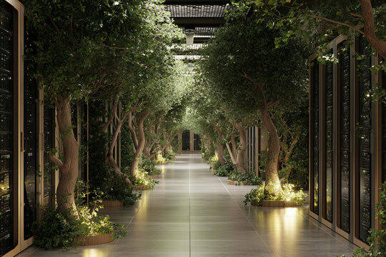 A data center with racks of energy-efficient servers, surrounded by indoor trees and plants, creating a serene and sustainable environment that reflects the future of green technol
