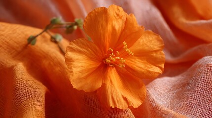 High quality image of closeup of a vibrant orange hibiscus flower on a silky orange fabric.