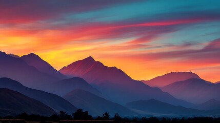 High quality image of colorful sunset over the mountains with vibrant orange and purple hues.
