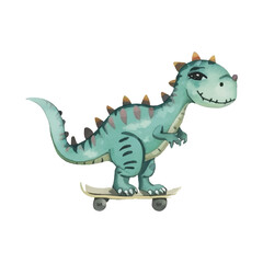 Adorable Watercolor Dinosaur on Skateboard A Fun Illustration for Kids and Playful Designs