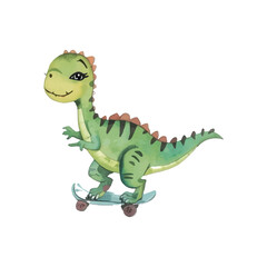 Charming illustration of a green dinosaur playfully riding a skateboard, perfect for children's designs and educational materials