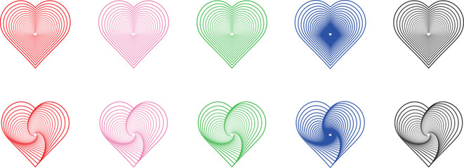 Abstract Contour Heart Collection, Geometric Line Art Hearts Set, Chromatic Heartbeat Patterns, Colorful Line Heart Graphics, Swirling Heart Graphics Pack, Layered Vector Heart Set, 