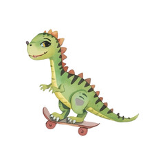 A charming watercolor illustration of a friendly green historic animal, a cute baby dinosaur, happily riding on a skateboard