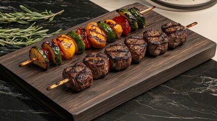 Grilled Meat and Vegetable Skewers Presented on a Wooden Board