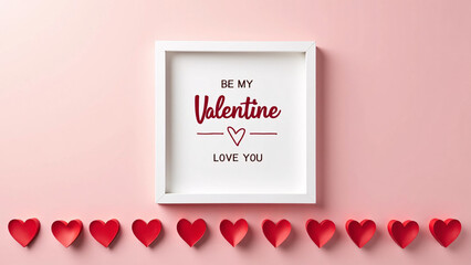 White frame with romantic message—red paper hearts and soft pink tones evoke Valentine’s charm and warmth.
