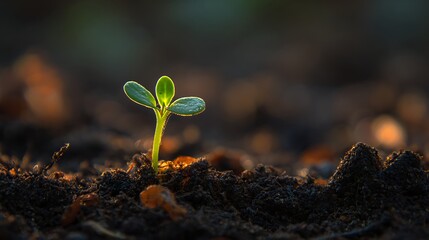 High quality image of tiny green sprout emerging from the dark soil in the early morning light.