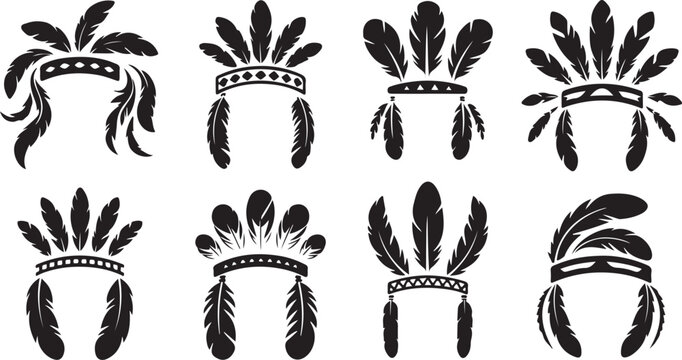 Set of Native American Feather Headdress Icons in Black and White Silhouette indian tribal