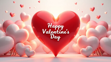 Glossy red heart with cursive text—surrounded by soft pink and white hearts in warm glow.
