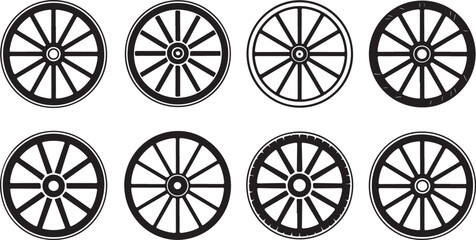 Set of Black Silhouette Wagon Wheels with Different Spoke and Rim Designs Keywords: wagon wheel, transportation, vintage, retro, historical, western, carriage, cart, silhouette, black and white © KDP Coloring Pages