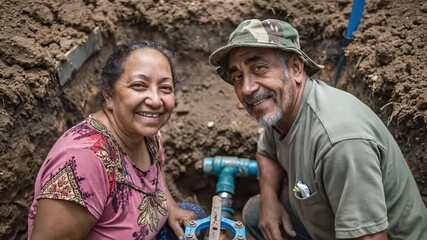 Senior plumbers installing underground pipes. Hispanic couple works construction trench. Mature retirees laying water pipeline. Elderly pair doing plumbing maintenance together.