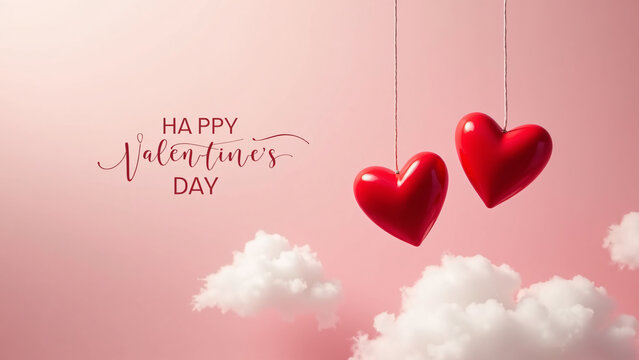 Two heart balloons float above clouds—pink sky and cursive text evoke dreamy Valentine’s warmth.
