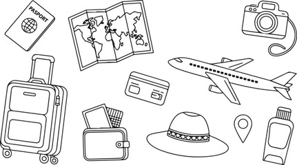 Passport, suitcase, and airplane suggest an exciting journey, displayed with travel essentials in black lines, isolated
