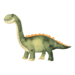 Charming watercolor illustration of a friendly green brachiosaurus, a gentle giant prehistoric dinosaur from the Jurassic period isolated on white