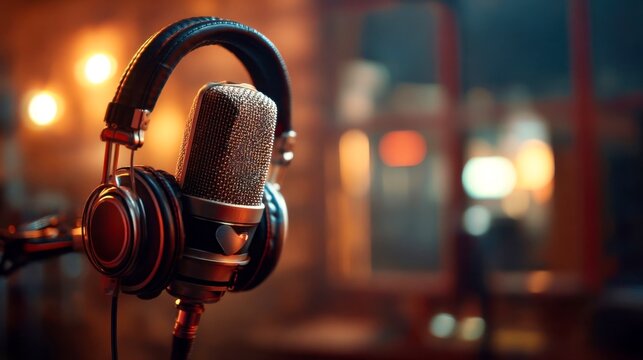 High-quality microphone with headphones in a cozy recording studio setting illuminated by warm lights