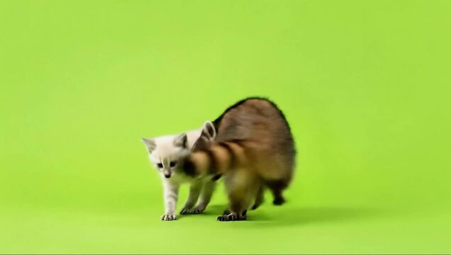 A red panda standing on a greenscreen background, looking down with a curious