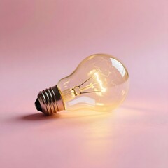 Glowing Incandescent Light Bulb on Pastel Pink Background Idea Concept
