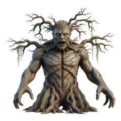 Fototapeta premium Terrifying tree monster with glowing green eyes and gnarled bark on transparent background black