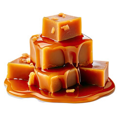 Stack of caramel squares with flowing sauce