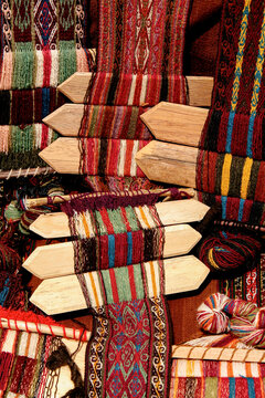 Santa Fe, New Mexico, United States. Weaving display with various yarns. 