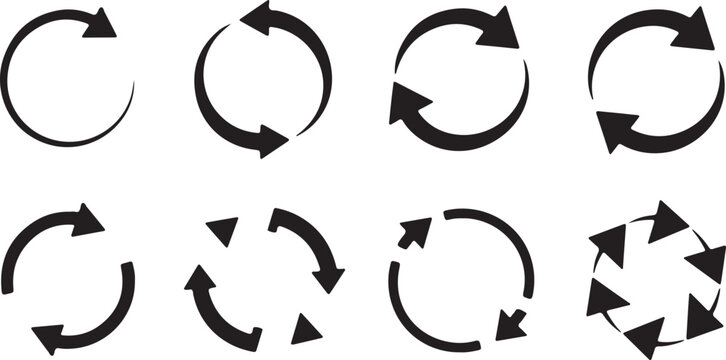 Several black rotation arrows display different styles and shapes for various rotation directions on transparent background