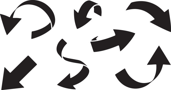 Seven distinct black arrows curve and point in diverse directions against a white background