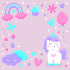 A bright invitation for a child's birthday, a holiday with rainbows, a unicorn, balloons, cupcakes, flowers on a pink background.