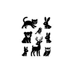  cute animal silhouettes cat, rabbit, bird, bear, solid black, vector, white background
